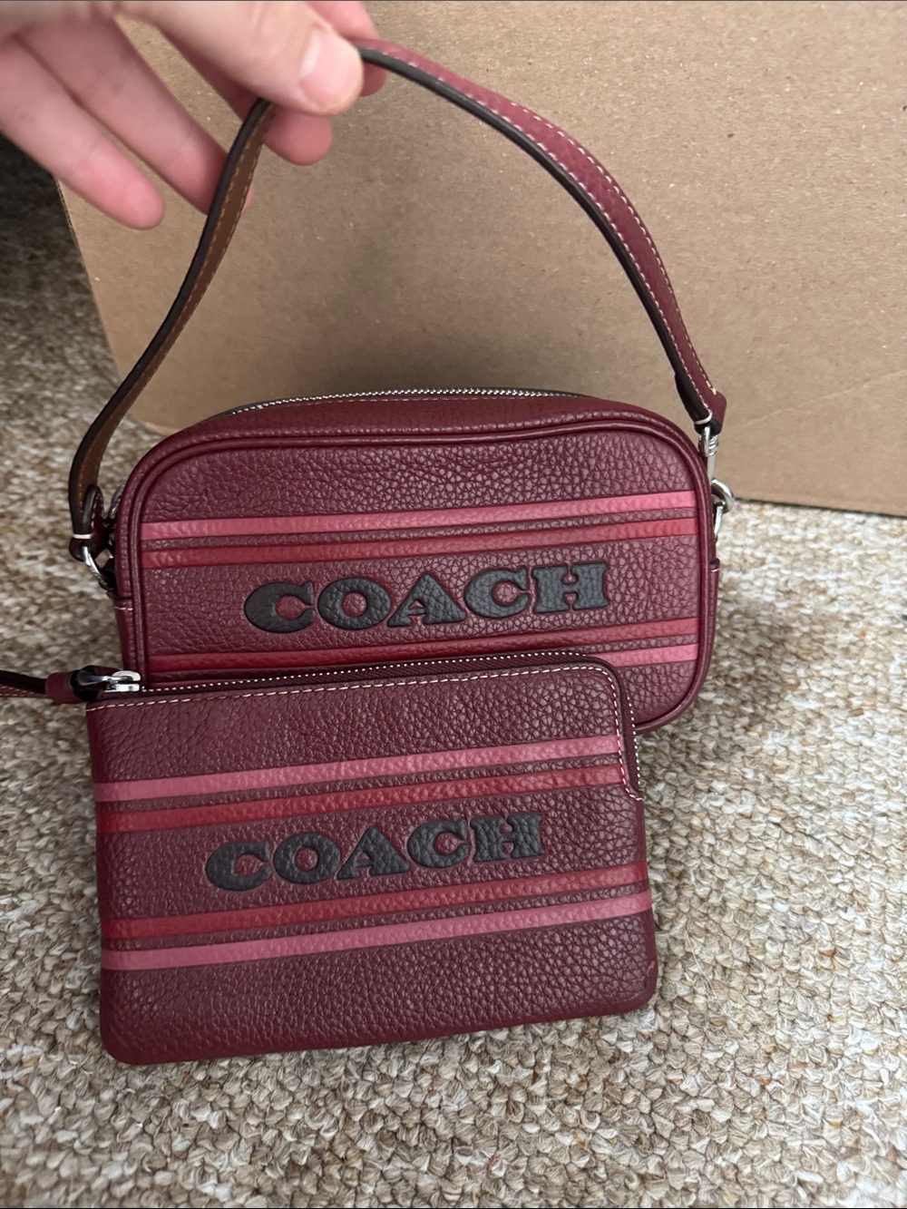 Coach Burgundy Pebbled Leather Wristlet & Crossbody Set with Pink Stripe Accents